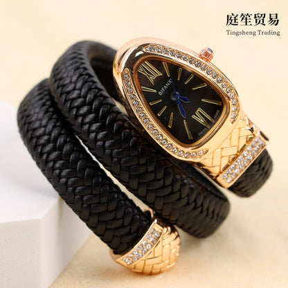 New Cross-Border Snake-Shaped Watch, Fashionable and Creative Personalized Quartz Watch for Women, Diamond-Encrusted Leather Strap Bracelet, Fashionable Watch