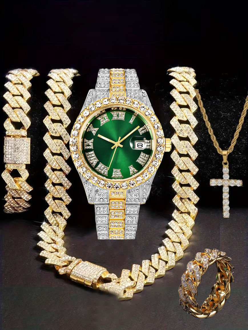 Hiphop Hip Hop Diamond Watch Five-Piece Diamond Cuban Chain Cross Necklace Cuban Ring Cross Border Wholesale
