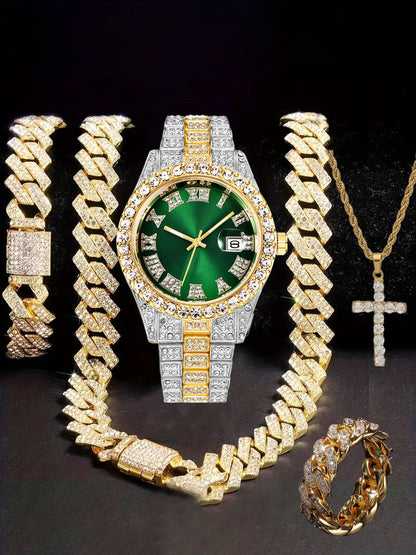 Hiphop Hip Hop Diamond Watch Five-Piece Diamond Cuban Chain Cross Necklace Cuban Ring Cross Border Wholesale