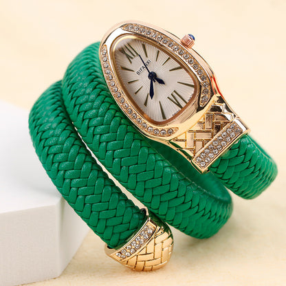 New Cross-Border Snake-Shaped Watch, Fashionable and Creative Personalized Quartz Watch for Women, Diamond-Encrusted Leather Strap Bracelet, Fashionable Watch