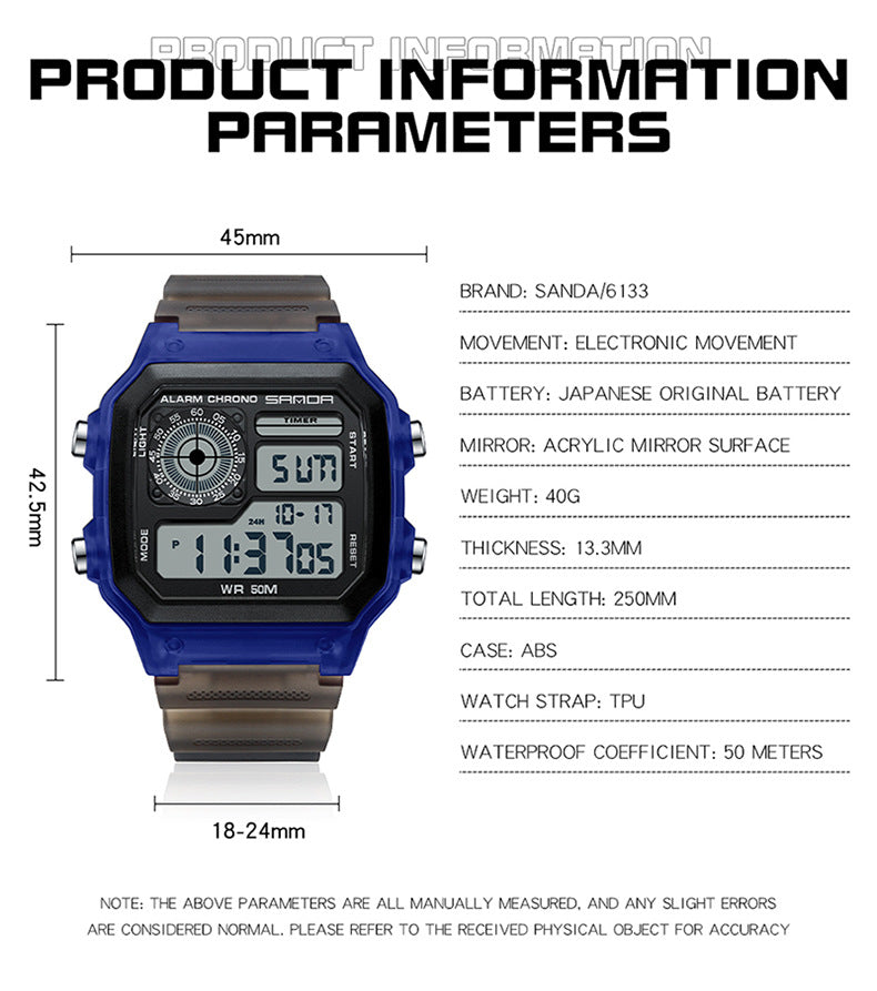 Sanda Hot-selling Square Watch Luminous Waterproof Alarm Student Watch Simple Korean Transparent Sports Electronic Watch