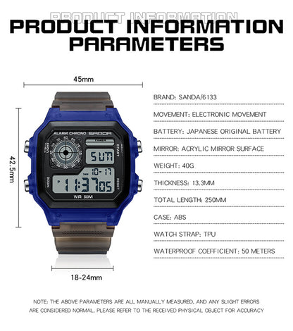 Sanda Hot-selling Square Watch Luminous Waterproof Alarm Student Watch Simple Korean Transparent Sports Electronic Watch