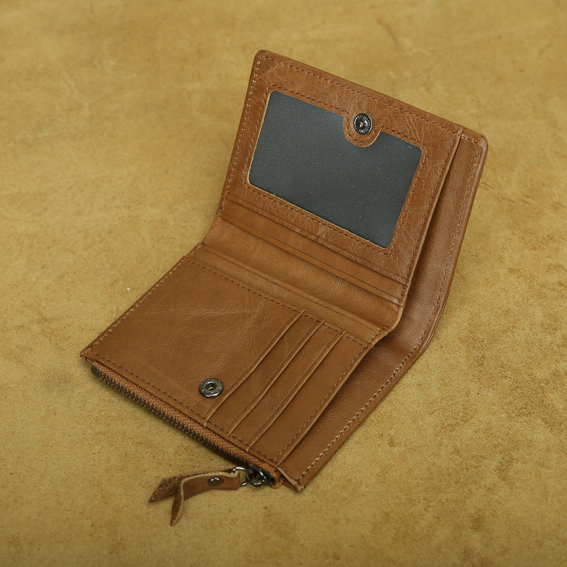 Shikangxin Vintage Genuine Leather Wallet Men's Short Wallet Multifunctional Zipper Bag Casual Oil Wax Cowhide Wallet
