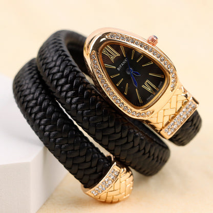 New Cross-Border Snake-Shaped Watch, Fashionable and Creative Personalized Quartz Watch for Women, Diamond-Encrusted Leather Strap Bracelet, Fashionable Watch