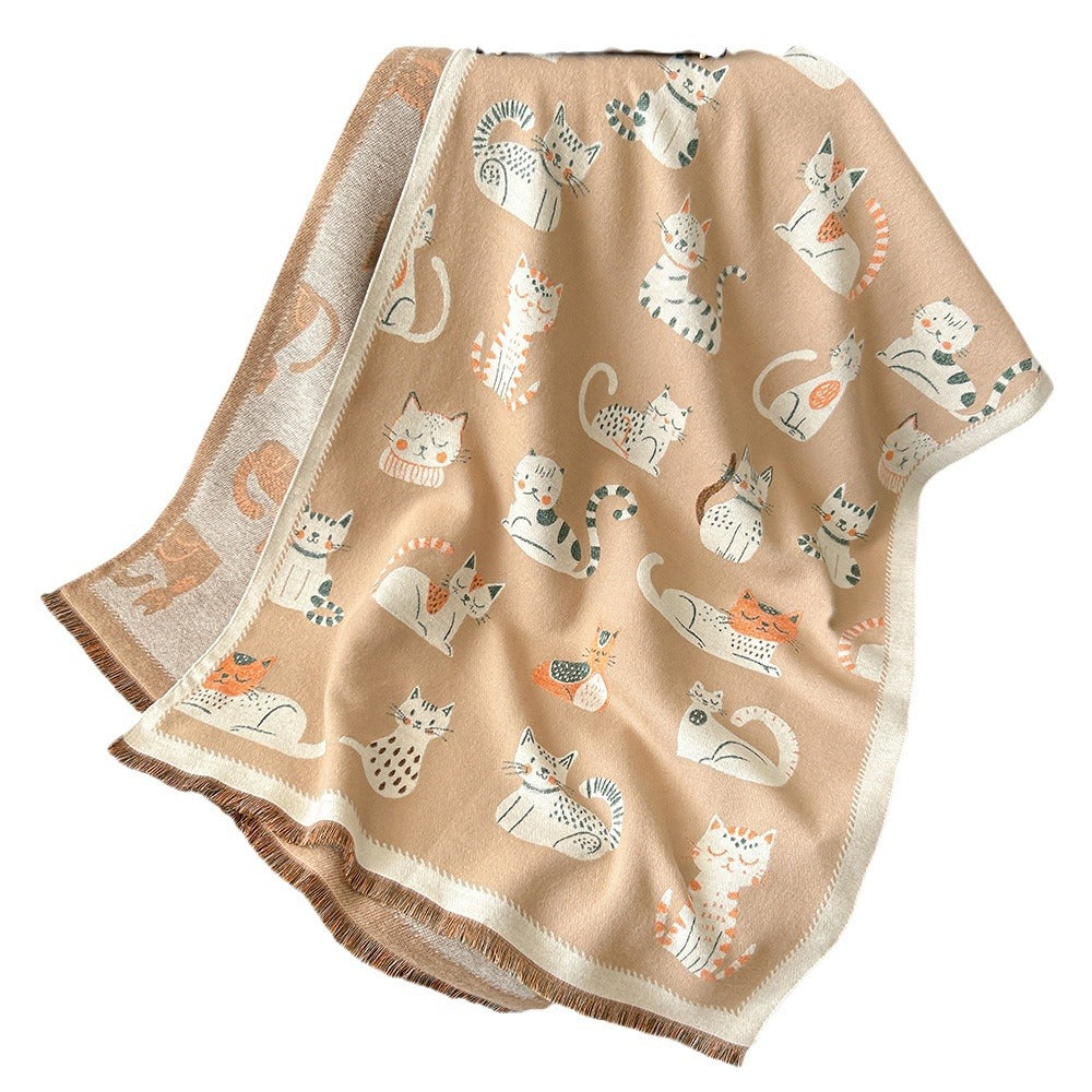 Sweet Cartoon Double-sided Cute Kitten Cashmere Scarf Women's Fashion All-match Thickened Winter Warm Neck Shawl