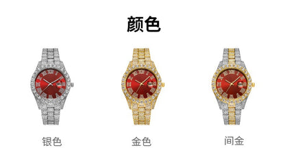 [Bross-Border Hot Item] 16-Piece Set of Various Diamond-Encrusted Watches, Diamond-Shaped Cuban Bracelets and Necklaces, Three-Piece Set