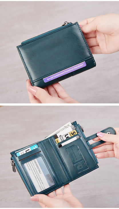 Cross-Border 2025Rfid Anti-Theft Wallet Retro Oil Wax Leather Double Zipper Coin Purse European and American Fashion Short Wallet