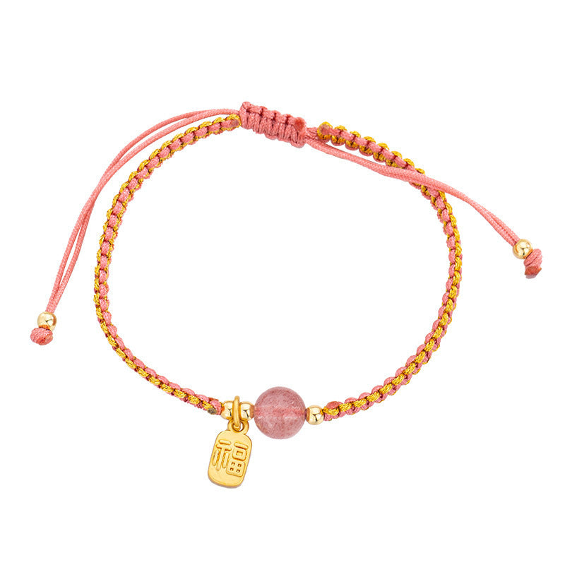 Original Design Strawberry Crystal Transfer Beads Niche Bracelet Chinese Style Adjustable Woven Hand Rope Fu Brand Hand Woven Rope