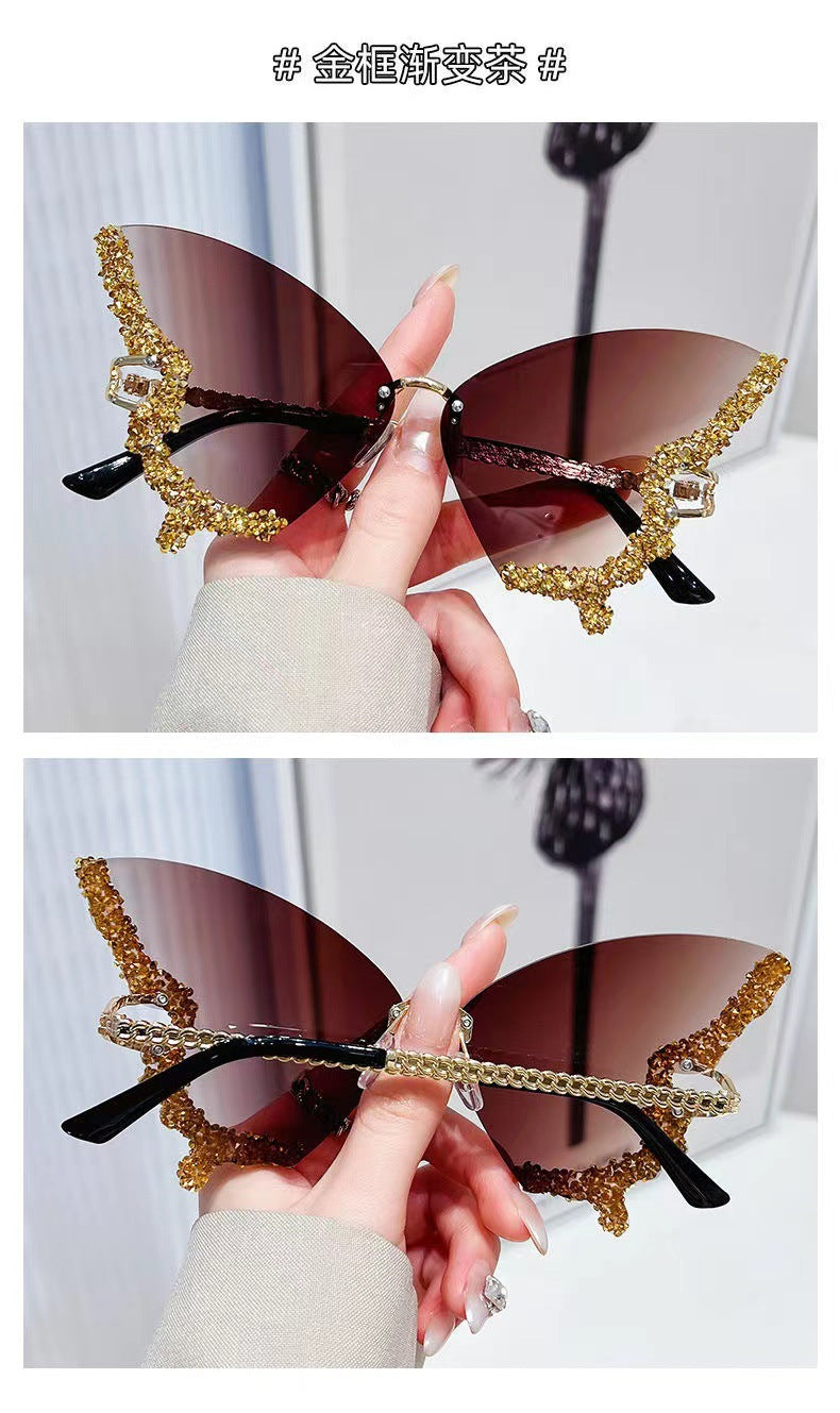 Cross-border New Butterfly Shape Diamond Rimless Sunglasses Women's Fashion Personality Exaggerated Sunglasses European and American Internet Red Broken Diamond