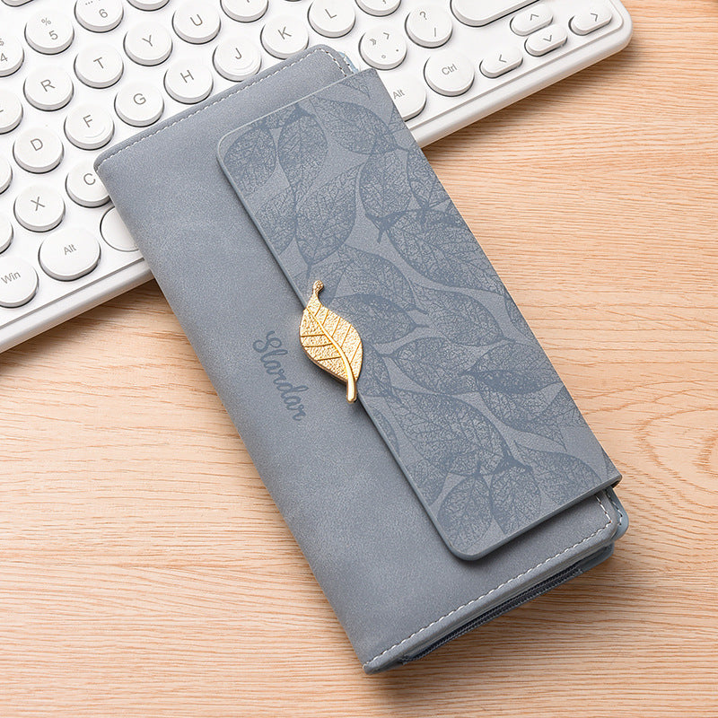 Amazon Cross-border Wallet Wholesale European and American Retro Frosted Leaf Buckle Long Clutch Large Capacity