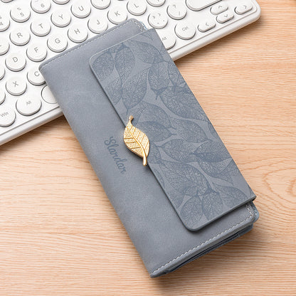 Amazon Cross-border Wallet Wholesale European and American Retro Frosted Leaf Buckle Long Clutch Large Capacity