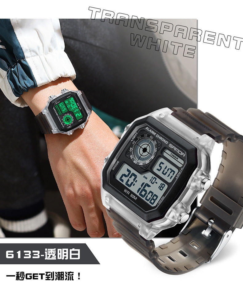 Sanda Hot-selling Square Watch Luminous Waterproof Alarm Student Watch Simple Korean Transparent Sports Electronic Watch