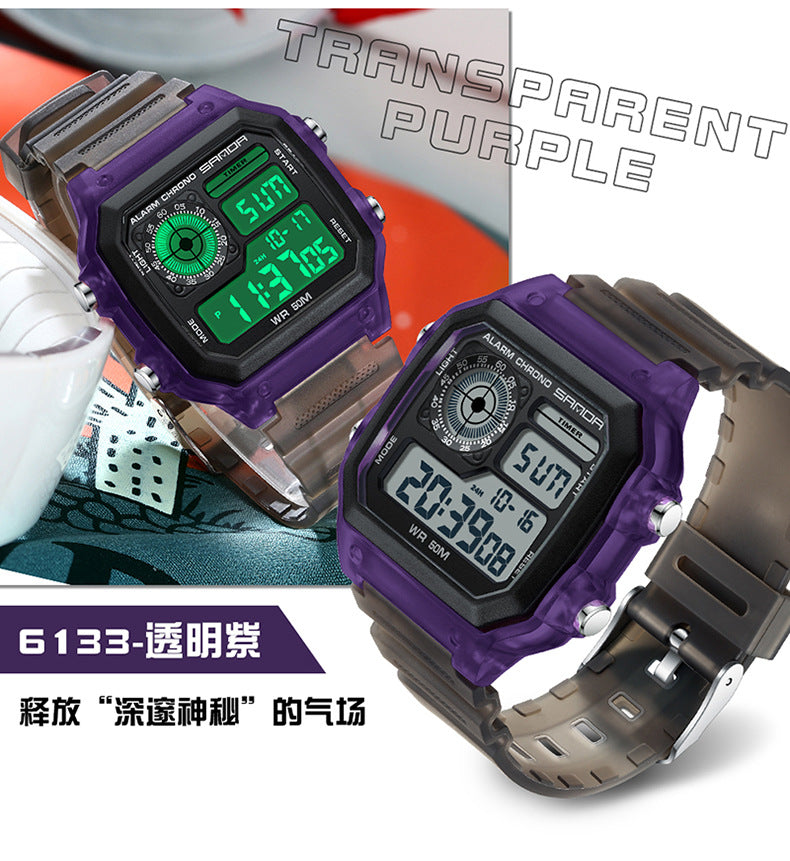 Sanda Hot-selling Square Watch Luminous Waterproof Alarm Student Watch Simple Korean Transparent Sports Electronic Watch