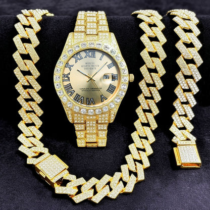[Bross-Border Hot Item] 16-Piece Set of Various Diamond-Encrusted Watches, Diamond-Shaped Cuban Bracelets and Necklaces, Three-Piece Set
