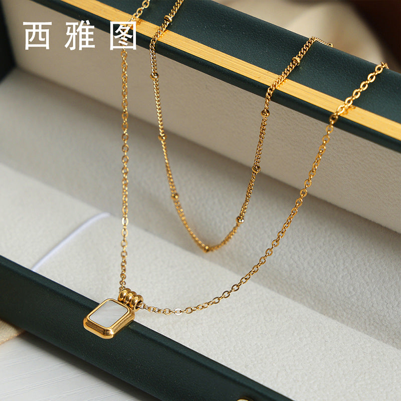 French new cross-border retro fashion all-match light luxury titanium steel plated 18K gold white mother shell pendant necklace female jewelry