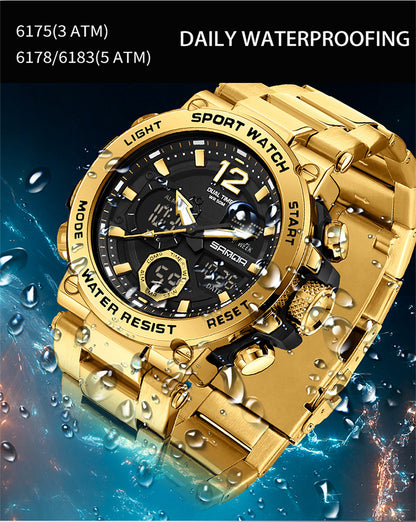 Sanda foreign trade best selling electronic watch fashion business steel band luminous wrist watch multi-functional dual display men's watch wholesale