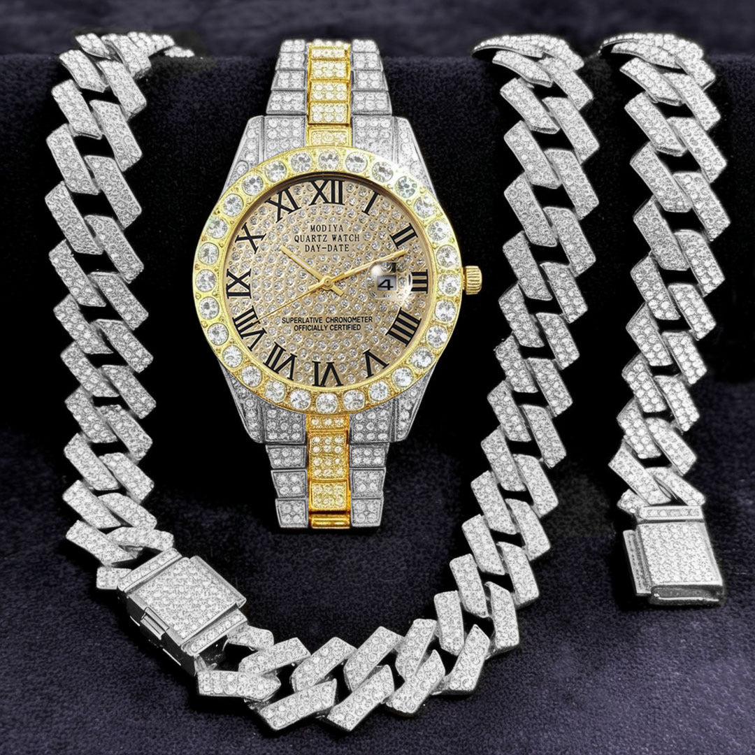 [Bross-Border Hot Item] 16-Piece Set of Various Diamond-Encrusted Watches, Diamond-Shaped Cuban Bracelets and Necklaces, Three-Piece Set