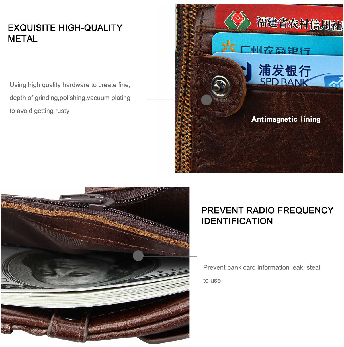 Crazy Horse Cowhide Men's Wallet RFID Anti-theft Brush Cowhide Short Men's Ticket Clip Wallet Double Zipper Coin Purse