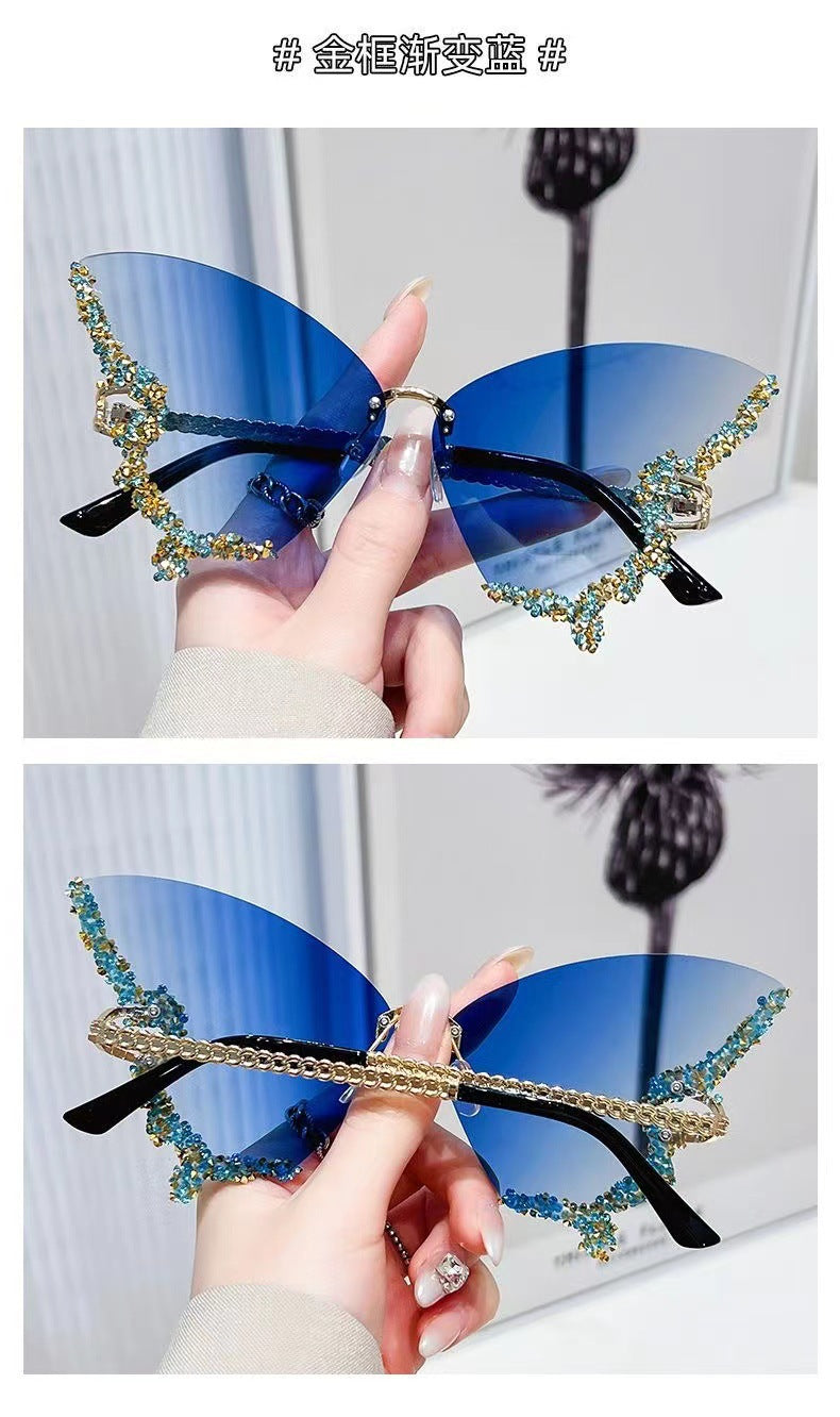 Cross-border New Butterfly Shape Diamond Rimless Sunglasses Women's Fashion Personality Exaggerated Sunglasses European and American Internet Red Broken Diamond