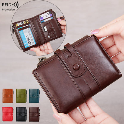 Cross-Border 2025Rfid Anti-Theft Wallet Retro Oil Wax Leather Double Zipper Coin Purse European and American Fashion Short Wallet