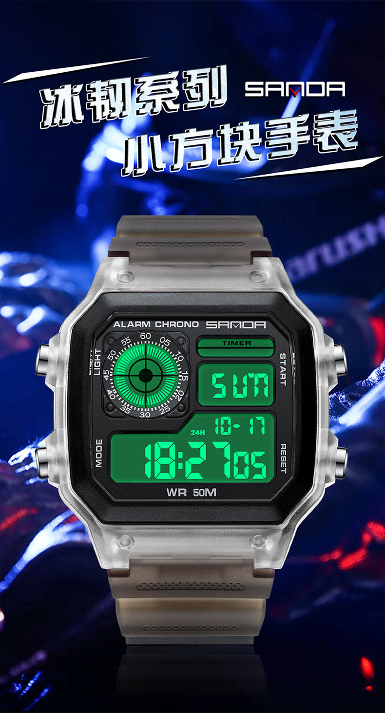 Sanda Hot-selling Square Watch Luminous Waterproof Alarm Student Watch Simple Korean Transparent Sports Electronic Watch