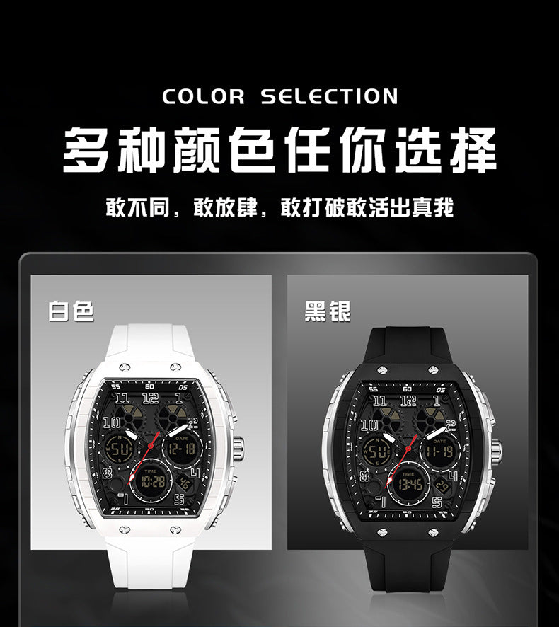 Ofns Fashion Watch Sports Waterproof Watch Barrel-Shaped Multi-Function Luminous Dual-Time Student Digital Watch