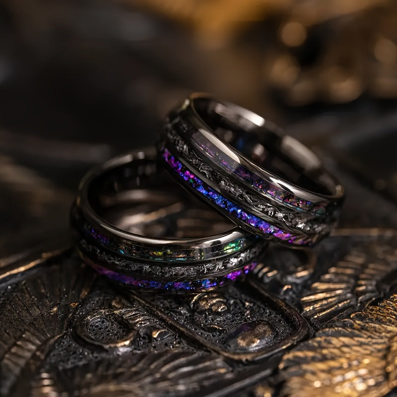 Cross-border explosions stainless steel ring three slot inlaid obsidian high sense of niche ring in stock a batch