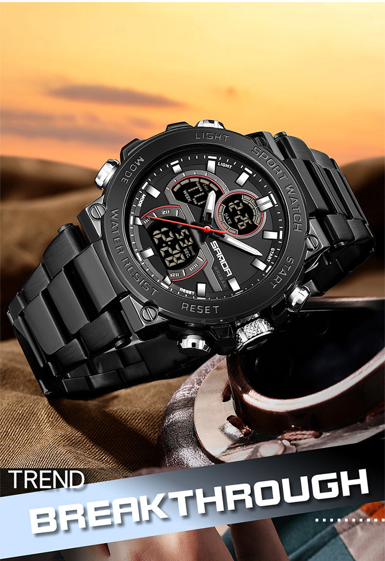 Sanda foreign trade best selling electronic watch fashion business steel band luminous wrist watch multi-functional dual display men's watch wholesale