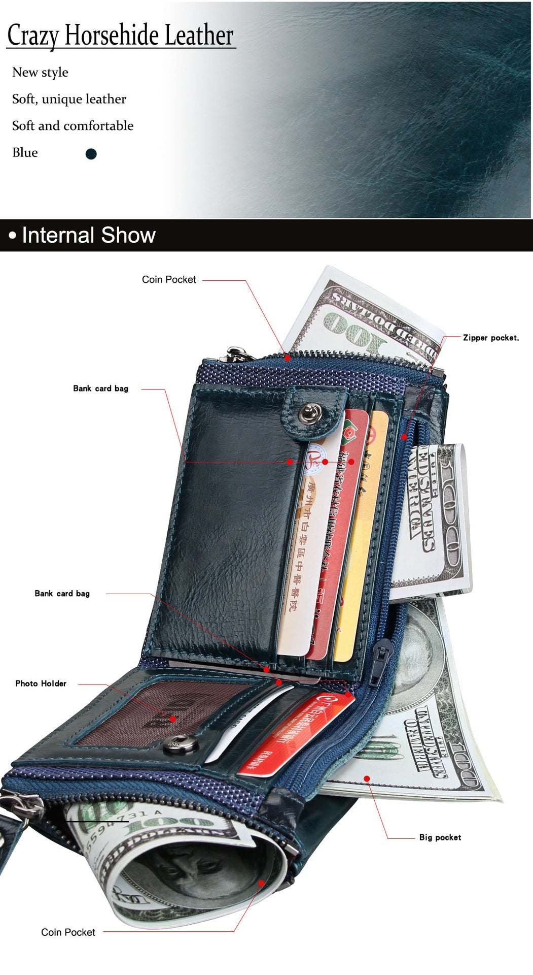 Crazy Horse Cowhide Men's Wallet RFID Anti-theft Brush Cowhide Short Men's Ticket Clip Wallet Double Zipper Coin Purse