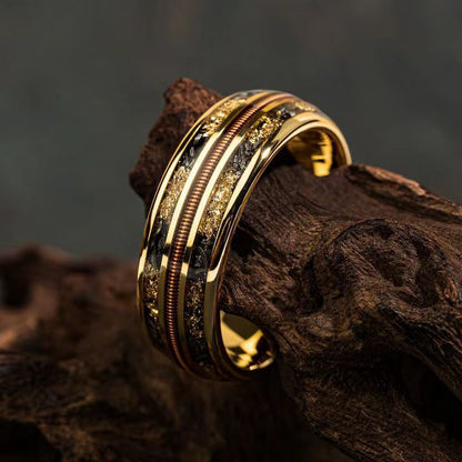 European and American Cross-Border Best-Selling Stainless Steel Rings, Meteorite Inlaid Gold Foil Men's Light Luxury Fashion Personalized Rings Wholesale