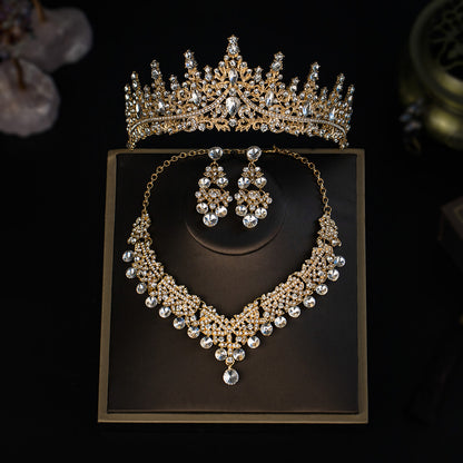 European and American Bride Jewelry Three-piece Suit High-class Dance Wedding Jewelry Alloy Diamond Crown Necklace Earrings suit