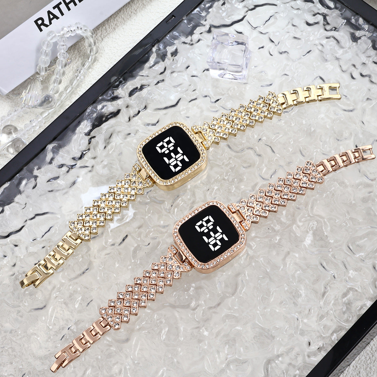 Cross-border Foreign Trade Diamond-encrusted Women's Small Fragrant Style Metal Steel Band LED Watch Fashion Touch Casual Electronic Watch