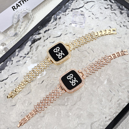 Cross-border Foreign Trade Diamond-encrusted Women's Small Fragrant Style Metal Steel Band LED Watch Fashion Touch Casual Electronic Watch