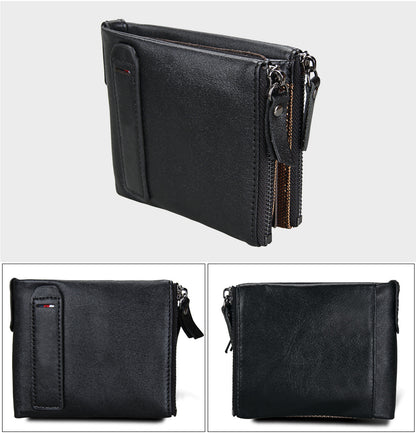 Crazy Horse Cowhide Men's Wallet RFID Anti-theft Brush Cowhide Short Men's Ticket Clip Wallet Double Zipper Coin Purse