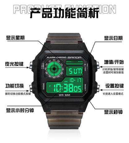 Sanda Hot-selling Square Watch Luminous Waterproof Alarm Student Watch Simple Korean Transparent Sports Electronic Watch