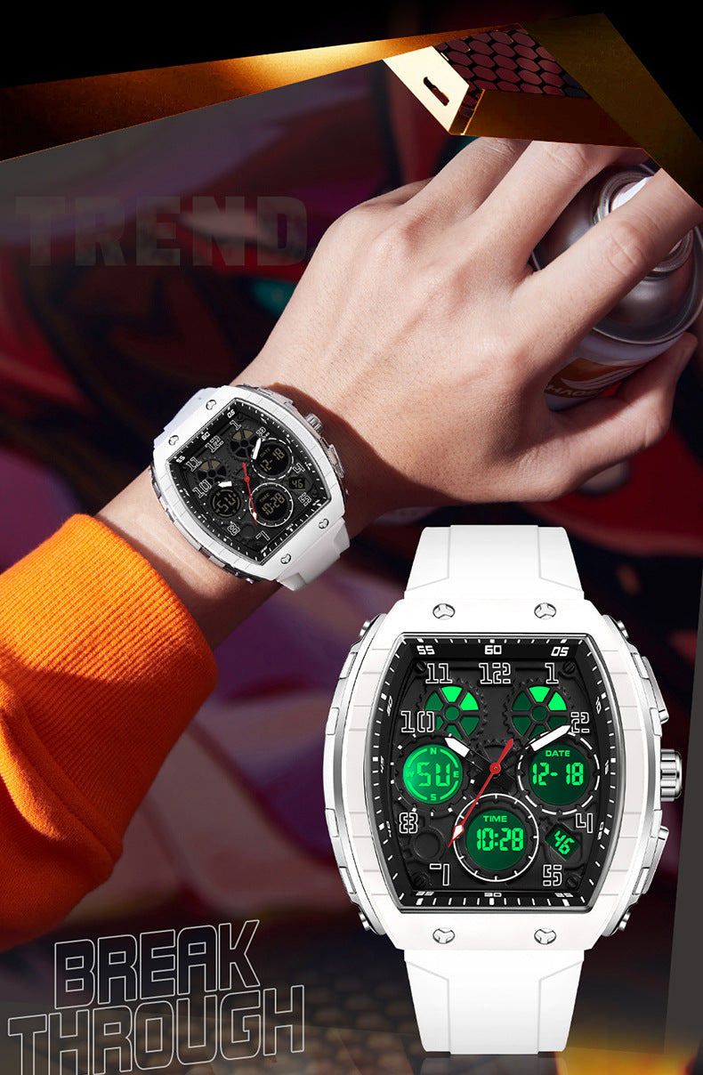 Ofns Fashion Watch Sports Waterproof Watch Barrel-Shaped Multi-Function Luminous Dual-Time Student Digital Watch