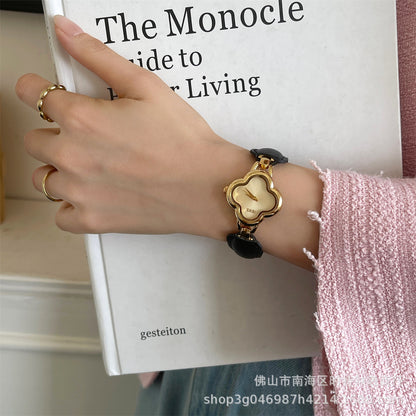IEKE Fashion Light Luxury Four-leaf Clover Small Chanel Style Leather Bracelet Watch Women's Wristwatch High-end Light Luxury Internet Celebrity Hair