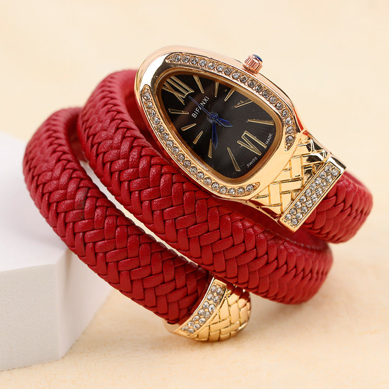 New Cross-Border Snake-Shaped Watch, Fashionable and Creative Personalized Quartz Watch for Women, Diamond-Encrusted Leather Strap Bracelet, Fashionable Watch
