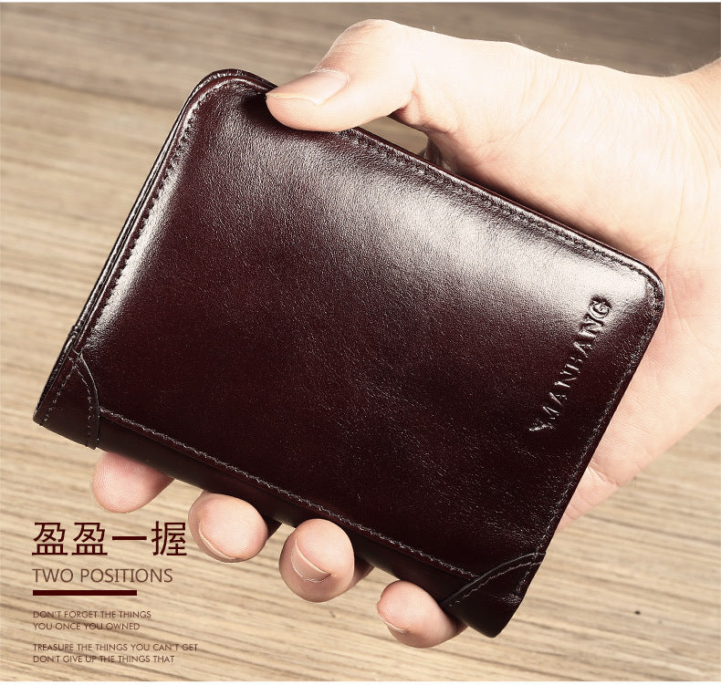 Cross-border delivery Manbang wallet oily leather short first layer cowhide wallet classic tri-fold RIFD anti-theft wallet