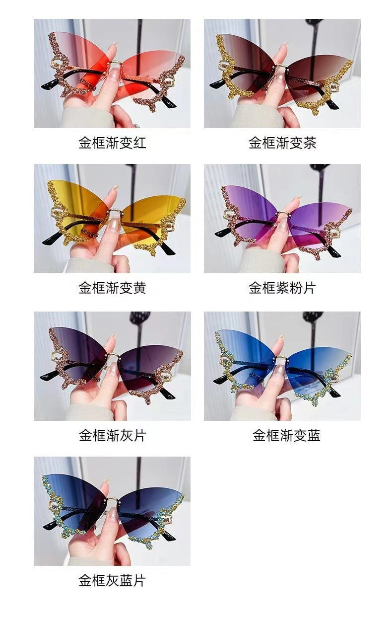 Cross-border New Butterfly Shape Diamond Rimless Sunglasses Women's Fashion Personality Exaggerated Sunglasses European and American Internet Red Broken Diamond