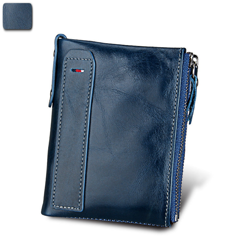 Crazy Horse Cowhide Men's Wallet RFID Anti-theft Brush Cowhide Short Men's Ticket Clip Wallet Double Zipper Coin Purse