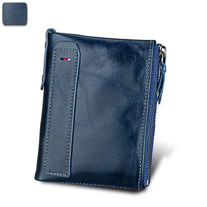 Crazy Horse Cowhide Men's Wallet RFID Anti-theft Brush Cowhide Short Men's Ticket Clip Wallet Double Zipper Coin Purse