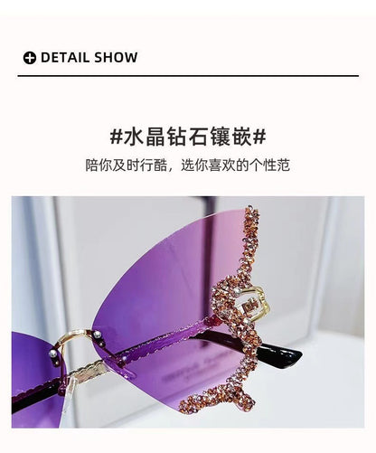 Cross-border New Butterfly Shape Diamond Rimless Sunglasses Women's Fashion Personality Exaggerated Sunglasses European and American Internet Red Broken Diamond