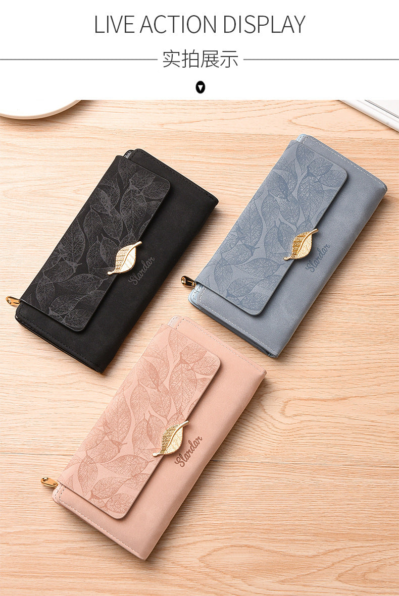 Amazon Cross-border Wallet Wholesale European and American Retro Frosted Leaf Buckle Long Clutch Large Capacity