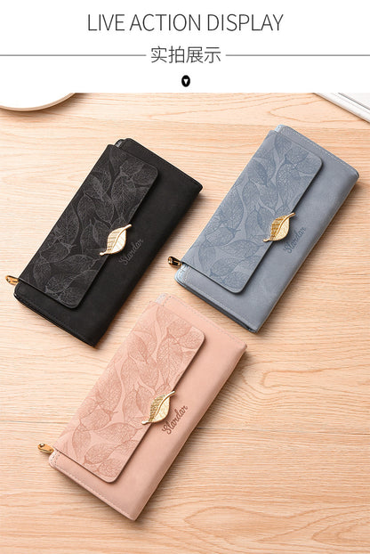 Amazon Cross-border Wallet Wholesale European and American Retro Frosted Leaf Buckle Long Clutch Large Capacity
