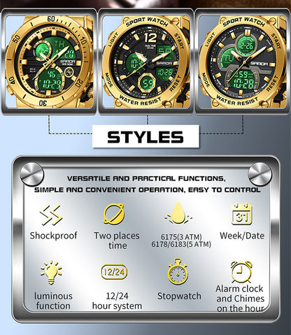 Sanda foreign trade best selling electronic watch fashion business steel band luminous wrist watch multi-functional dual display men's watch wholesale