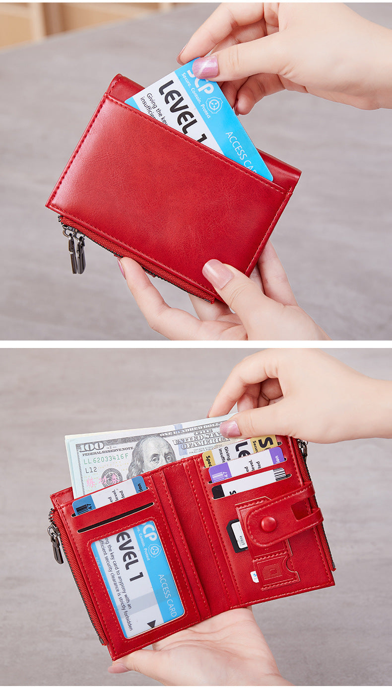Cross-Border 2025Rfid Anti-Theft Wallet Retro Oil Wax Leather Double Zipper Coin Purse European and American Fashion Short Wallet