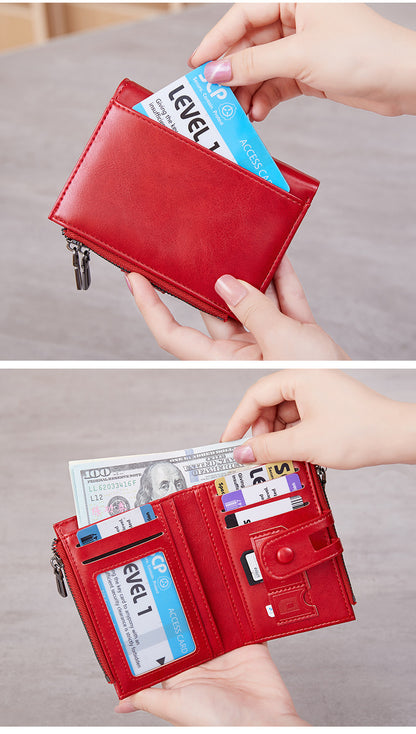 Cross-Border 2025Rfid Anti-Theft Wallet Retro Oil Wax Leather Double Zipper Coin Purse European and American Fashion Short Wallet