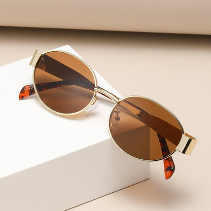 New Metal Oval Sunscreen Sunglasses Cross-Mirror European and American Ins Xiaohongshu Same Style Sunglasses Amazon Hot Selling