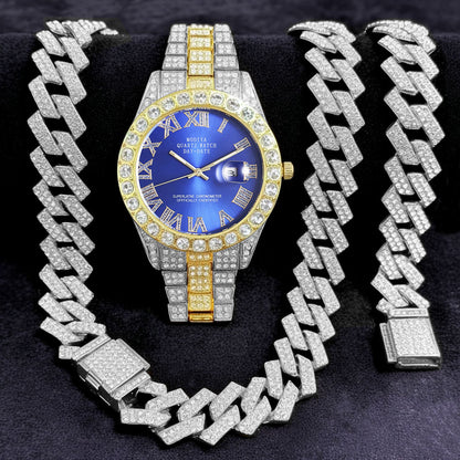 [Bross-Border Hot Item] 16-Piece Set of Various Diamond-Encrusted Watches, Diamond-Shaped Cuban Bracelets and Necklaces, Three-Piece Set